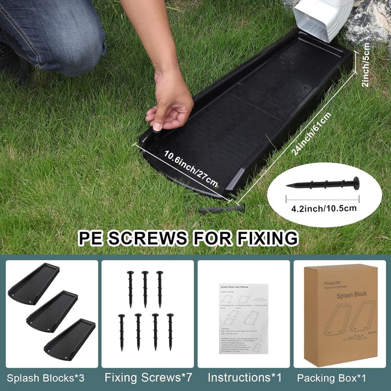 plusgutter Rain Gutter Downspout Splash Block, Gutter Downspout Extensions for Water Drainage, 24" Gutter Splash Guards Downspout Extender, Fixable Down spout Drain Trays with PE Nails(3 Pack, Black) - Image 5